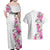 Hawaii Tropical Leaves and Flowers Couples Matching Off Shoulder Maxi Dress and Hawaiian Shirt Tribal Polynesian Pattern White Style