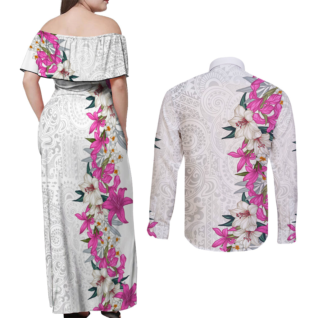 Hawaii Tropical Leaves and Flowers Couples Matching Off Shoulder Maxi Dress and Long Sleeve Button Shirt Tribal Polynesian Pattern White Style