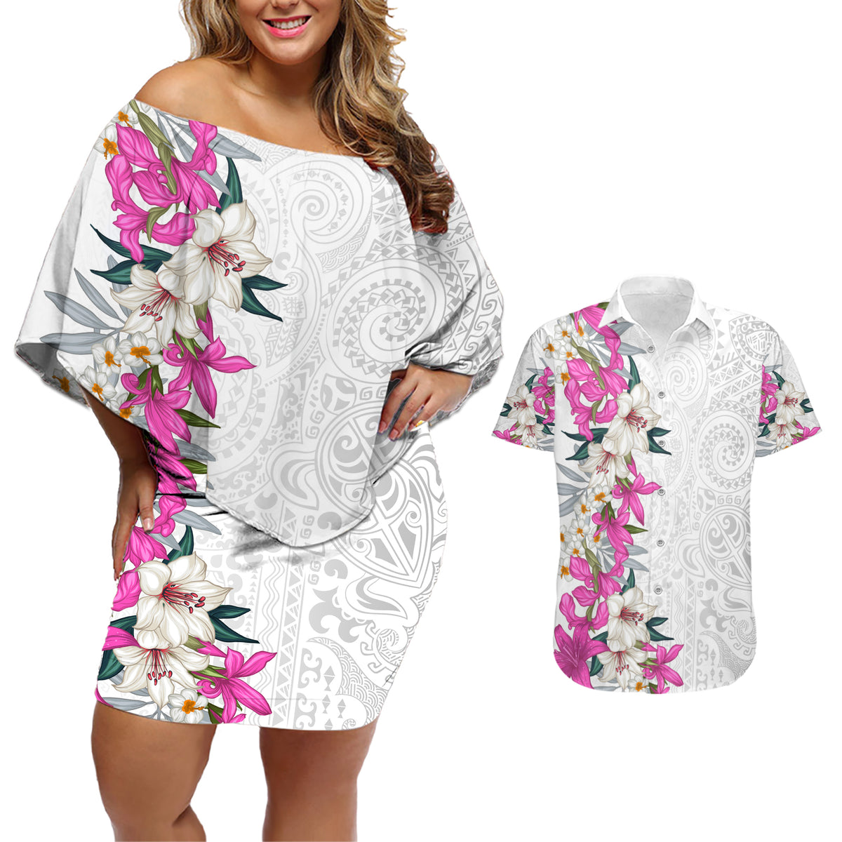 Hawaii Tropical Leaves and Flowers Couples Matching Off Shoulder Short Dress and Hawaiian Shirt Tribal Polynesian Pattern White Style