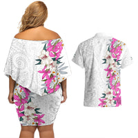Hawaii Tropical Leaves and Flowers Couples Matching Off Shoulder Short Dress and Hawaiian Shirt Tribal Polynesian Pattern White Style