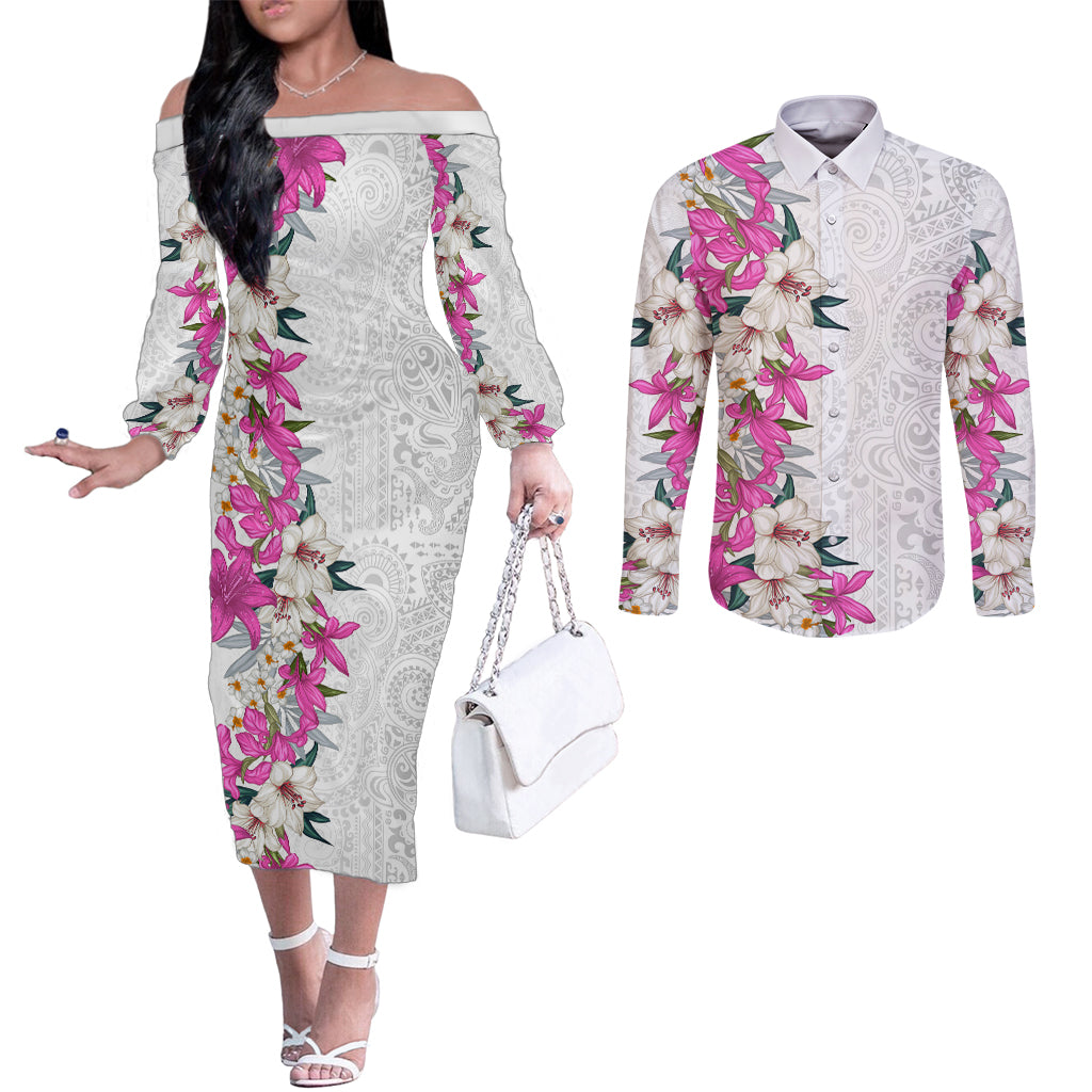 Hawaii Tropical Leaves and Flowers Couples Matching Off The Shoulder Long Sleeve Dress and Long Sleeve Button Shirt Tribal Polynesian Pattern White Style