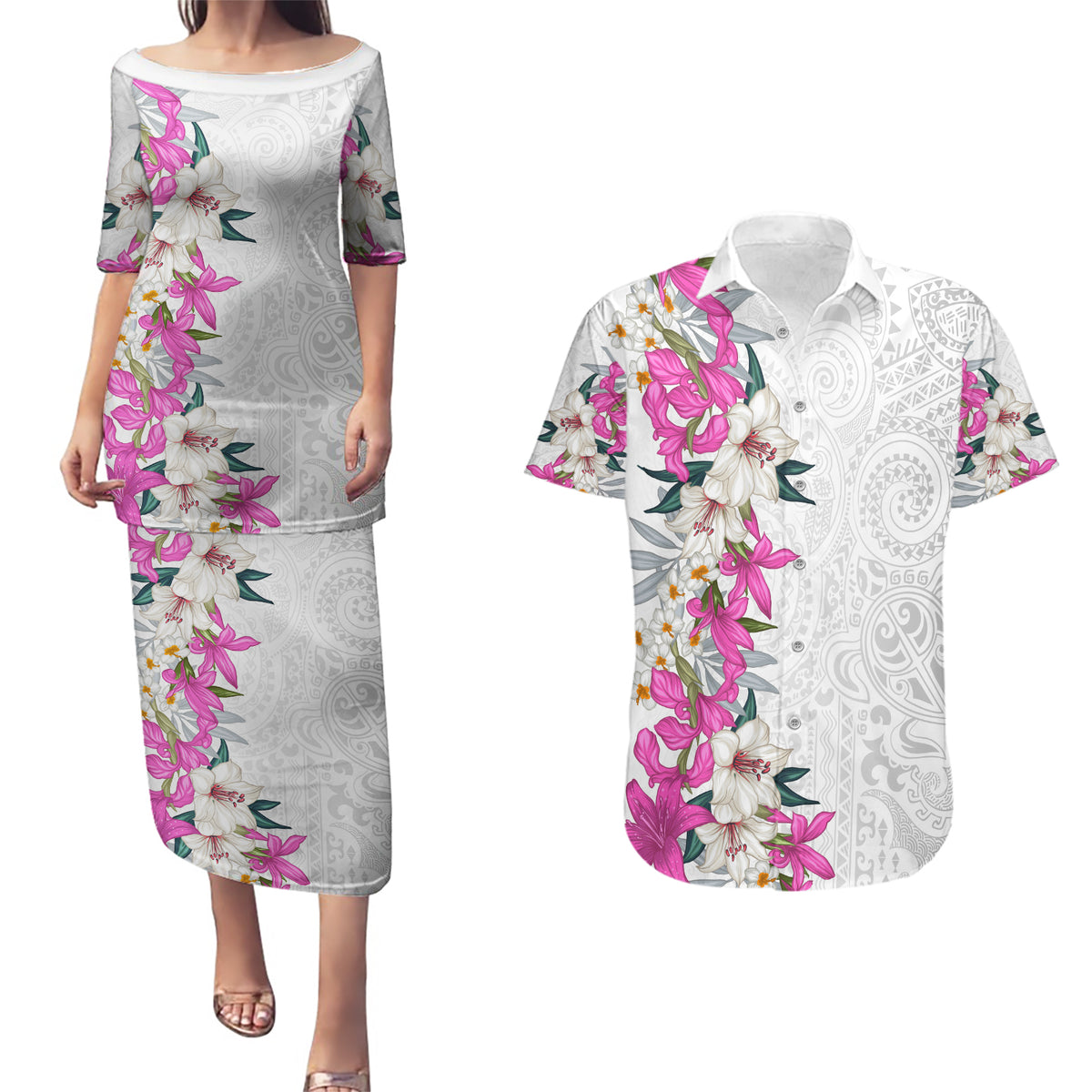 Hawaii Tropical Leaves and Flowers Couples Matching Puletasi and Hawaiian Shirt Tribal Polynesian Pattern White Style