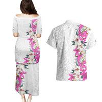 Hawaii Tropical Leaves and Flowers Couples Matching Puletasi and Hawaiian Shirt Tribal Polynesian Pattern White Style