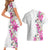 Hawaii Tropical Leaves and Flowers Couples Matching Short Sleeve Bodycon Dress and Hawaiian Shirt Tribal Polynesian Pattern White Style