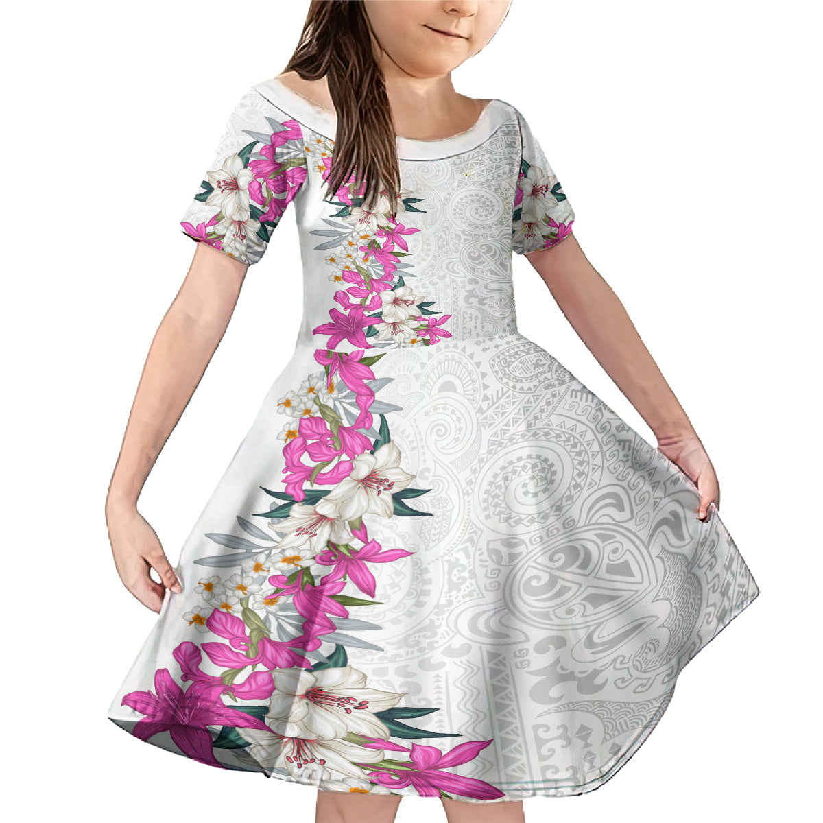 Hawaii Tropical Leaves and Flowers Family Matching Mermaid Dress and Hawaiian Shirt Tribal Polynesian Pattern White Style
