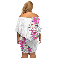 Hawaii Tropical Leaves and Flowers Family Matching Off Shoulder Short Dress and Hawaiian Shirt Tribal Polynesian Pattern White Style