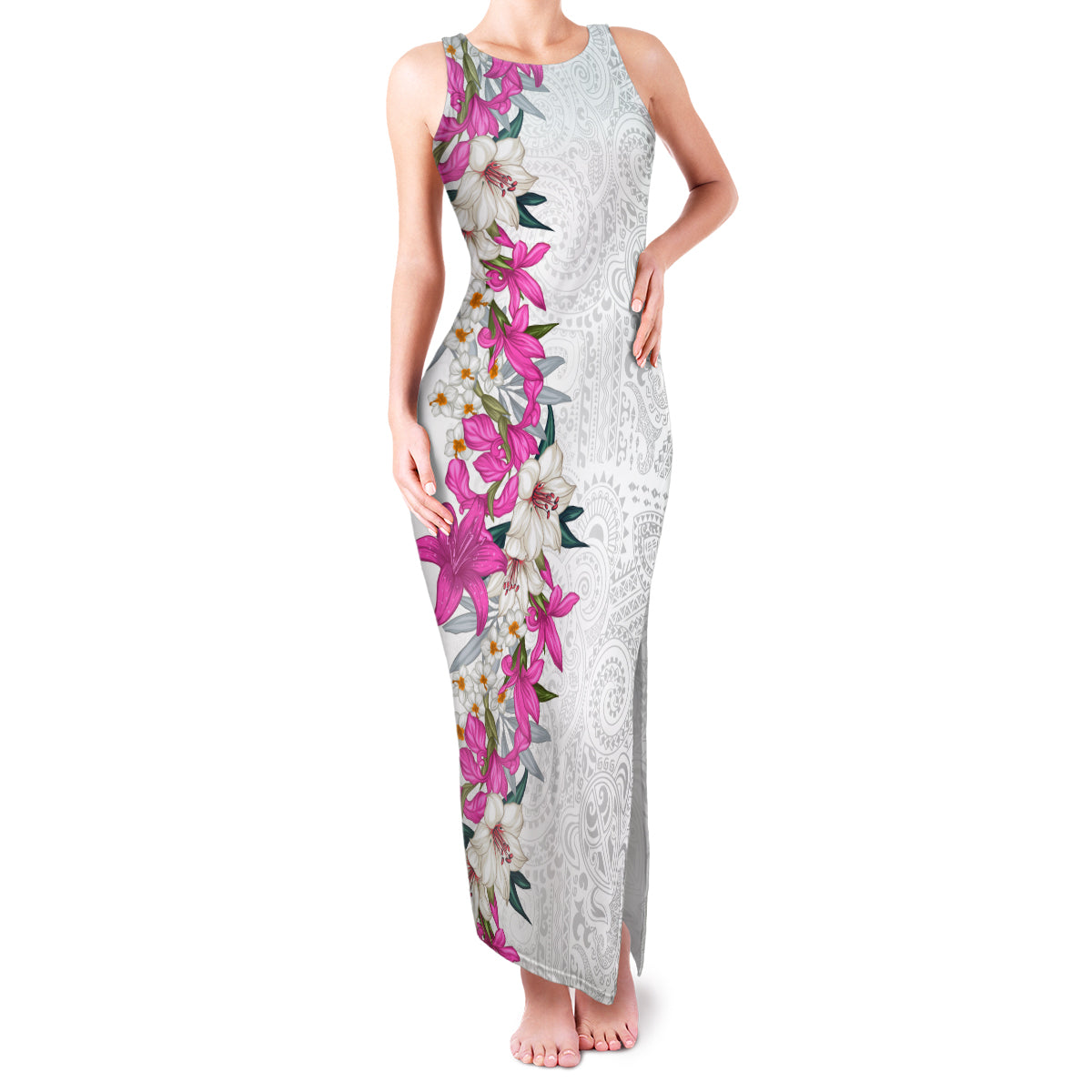 Hawaii Tropical Leaves and Flowers Family Matching Tank Maxi Dress and Hawaiian Shirt Tribal Polynesian Pattern White Style