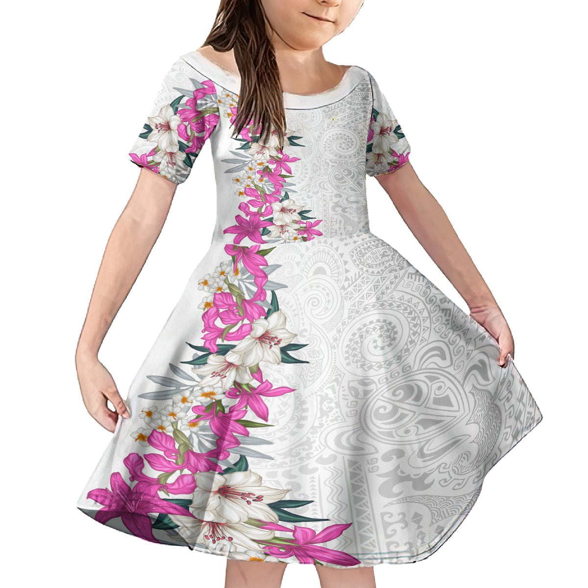 Hawaii Tropical Leaves and Flowers Kid Short Sleeve Dress Tribal Polynesian Pattern White Style
