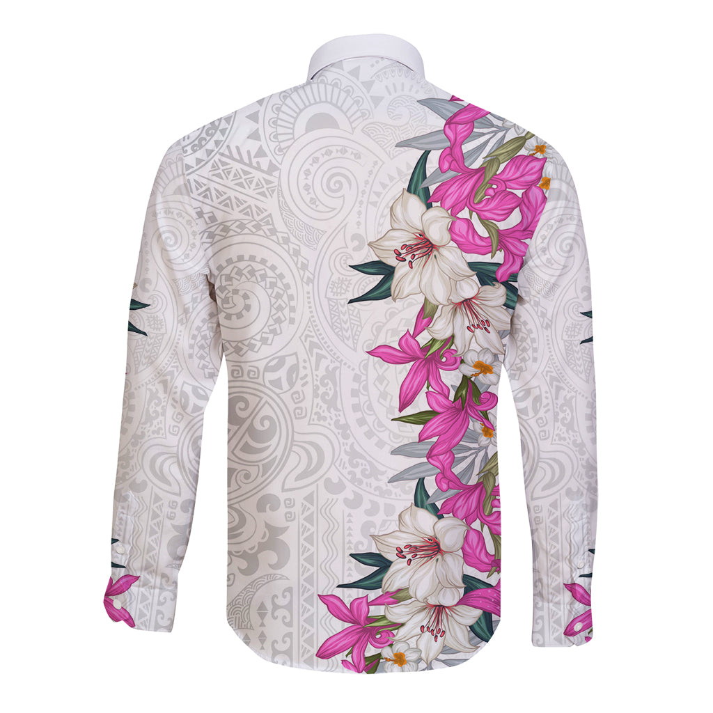 Hawaii Tropical Leaves and Flowers Long Sleeve Button Shirt Tribal Polynesian Pattern White Style