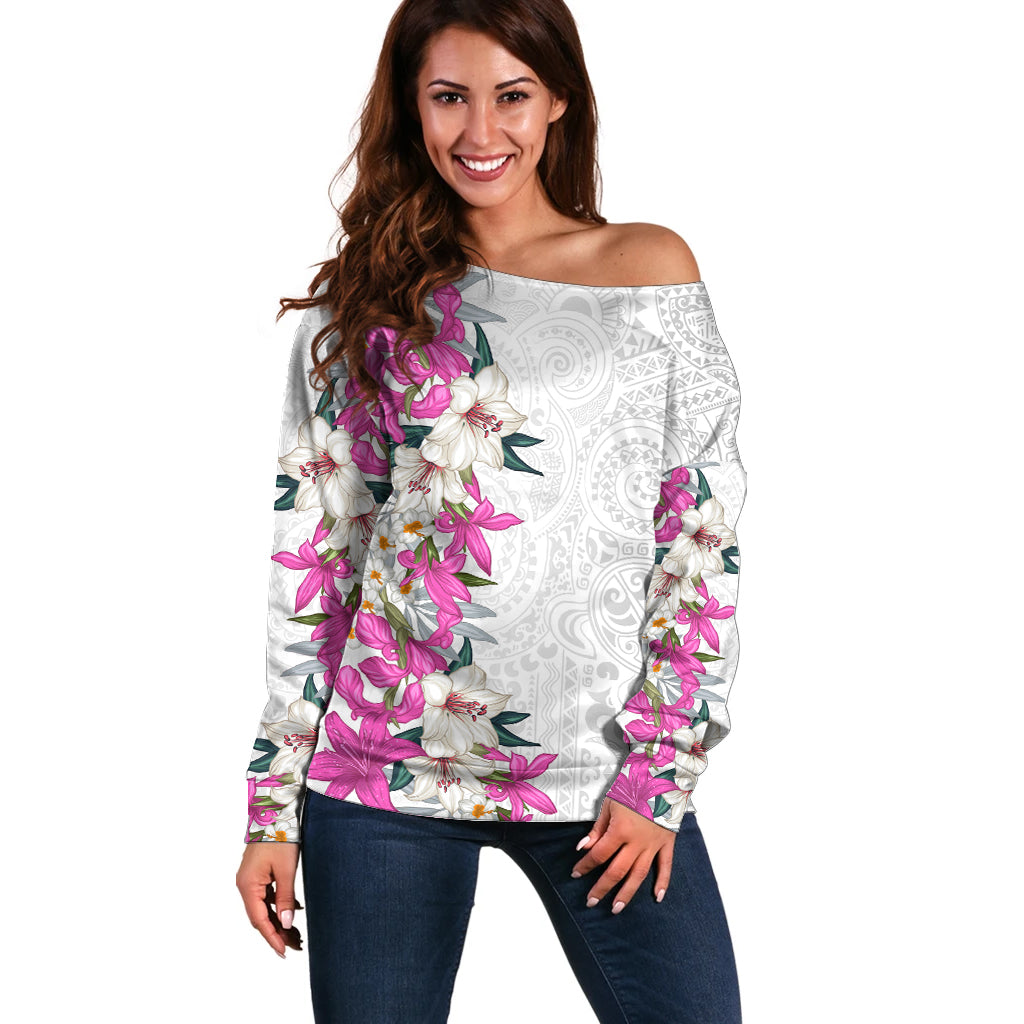 Hawaii Tropical Leaves and Flowers Off Shoulder Sweater Tribal Polynesian Pattern White Style