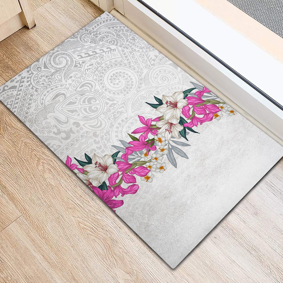 Hawaii Tropical Leaves and Flowers Rubber Doormat Tribal Polynesian Pattern White Style