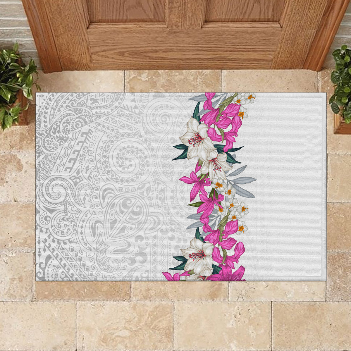 Hawaii Tropical Leaves and Flowers Rubber Doormat Tribal Polynesian Pattern White Style