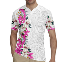Hawaii Tropical Leaves and Flowers Rugby Jersey Tribal Polynesian Pattern White Style
