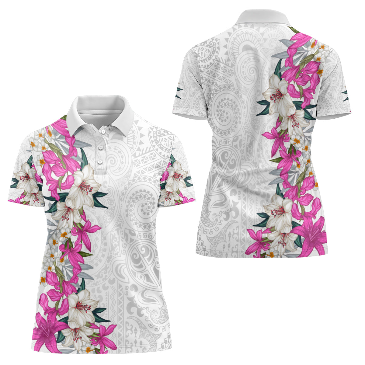 Hawaii Tropical Leaves and Flowers Women Polo Shirt Tribal Polynesian Pattern White Style