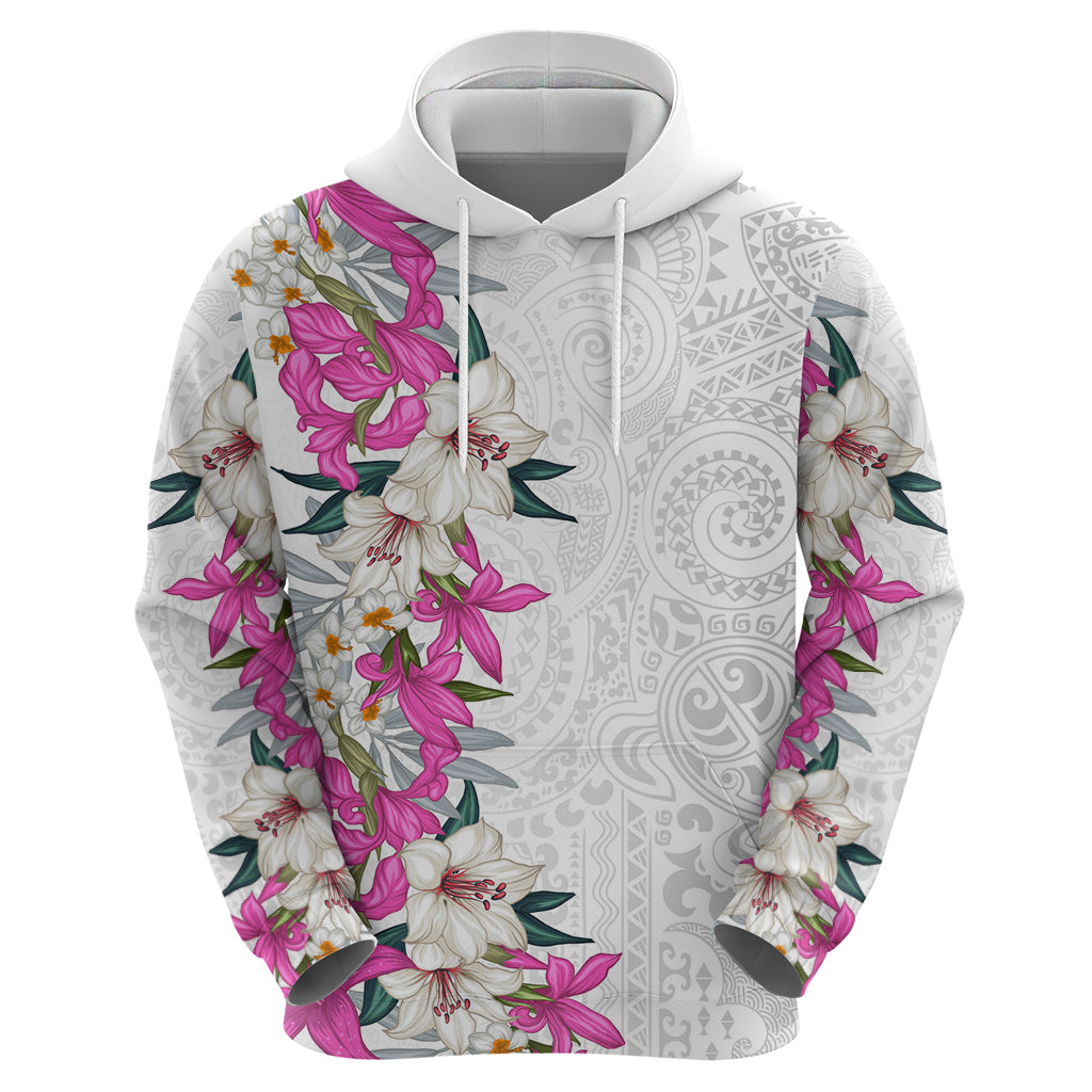 Hawaii Tropical Leaves and Flowers Zip Hoodie Tribal Polynesian Pattern White Style