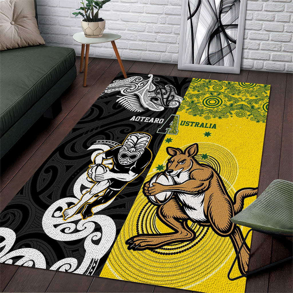Aotearoa New Zealand and Australia Rugby Area Rug Maori Koru and Aboriginal Dot Art Cultural Heritage