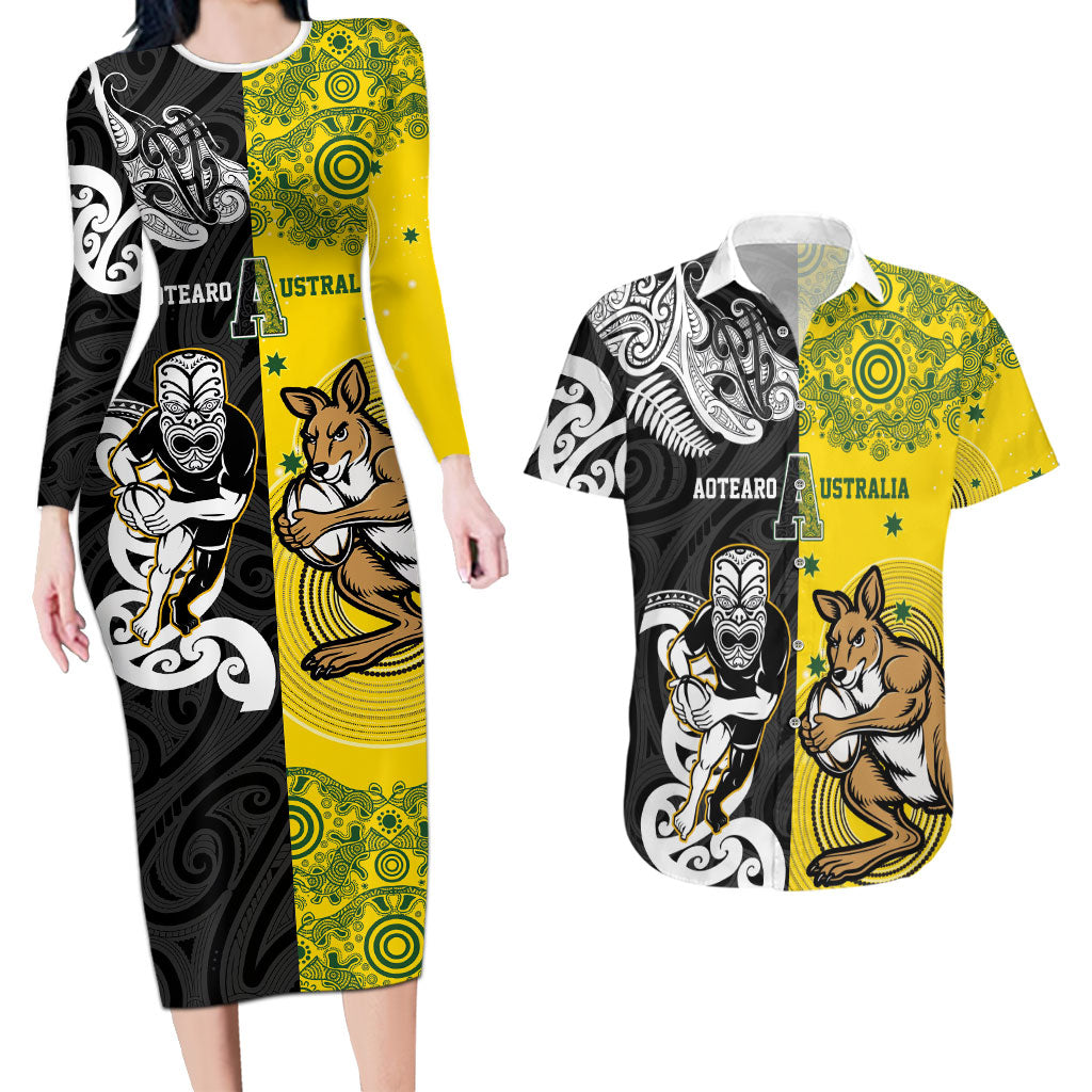 Aotearoa New Zealand and Australia Rugby Personalized Couples Matching Long Sleeve Bodycon Dress and Hawaiian Shirt Maori Koru and Aboriginal Dot Art Cultural Heritage