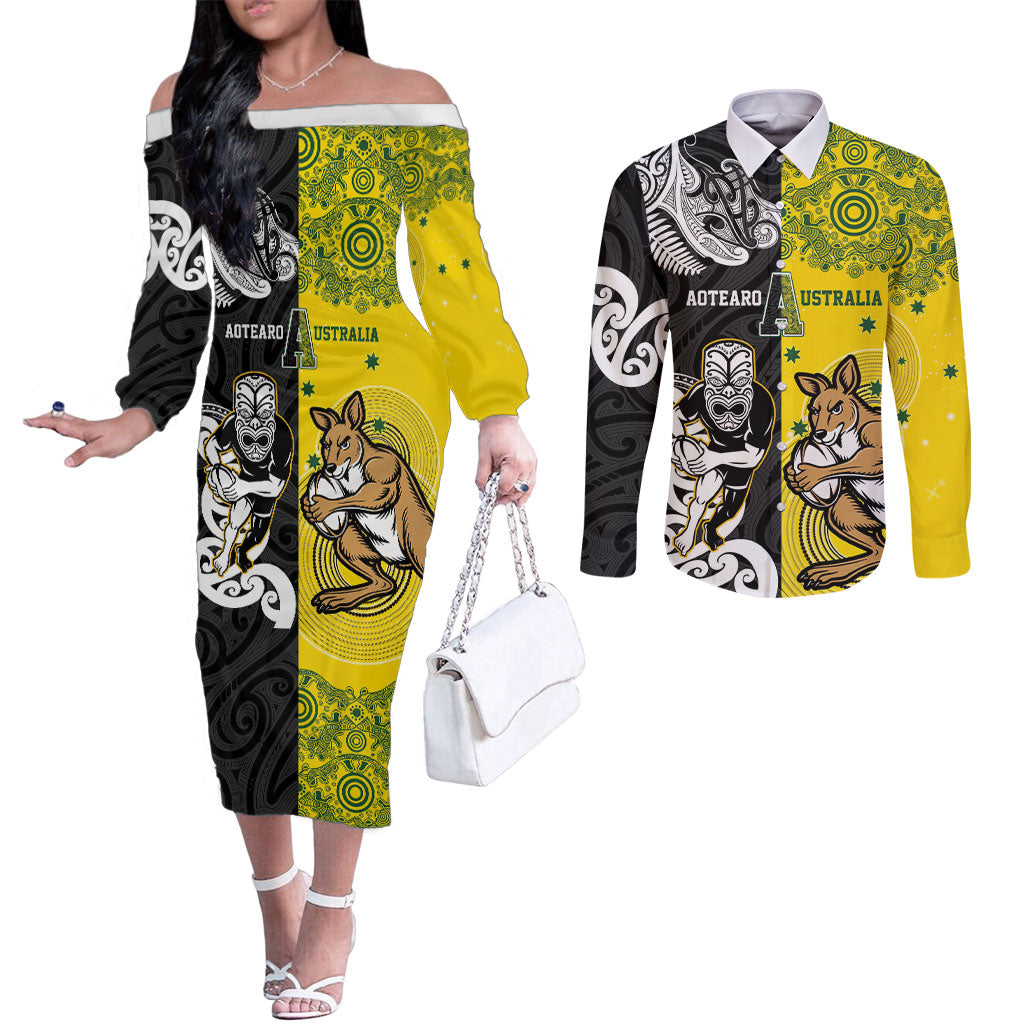 Aotearoa New Zealand and Australia Rugby Personalized Couples Matching Off The Shoulder Long Sleeve Dress and Long Sleeve Button Shirt Maori Koru and Aboriginal Dot Art Cultural Heritage