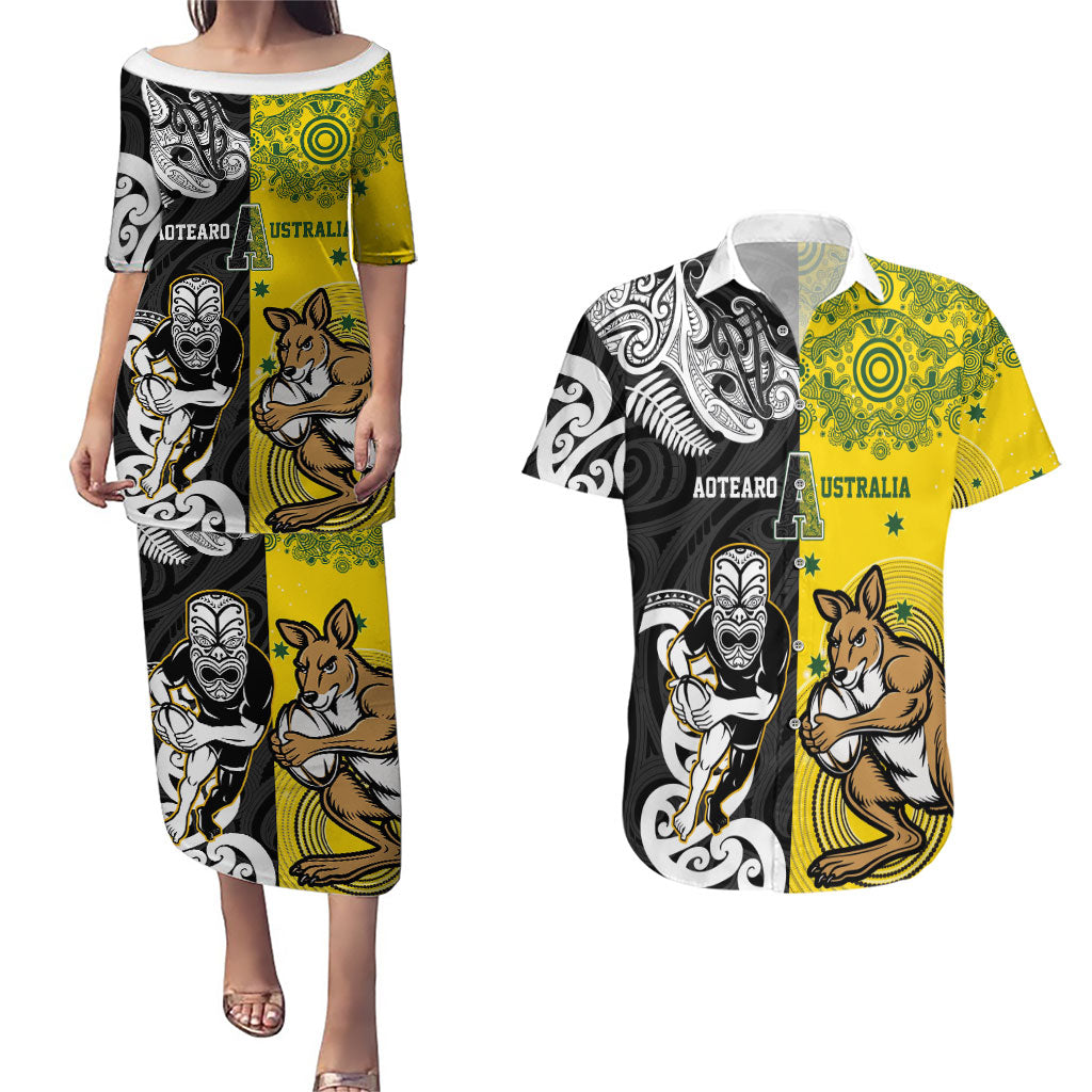 Aotearoa New Zealand and Australia Rugby Personalized Couples Matching Puletasi and Hawaiian Shirt Maori Koru and Aboriginal Dot Art Cultural Heritage