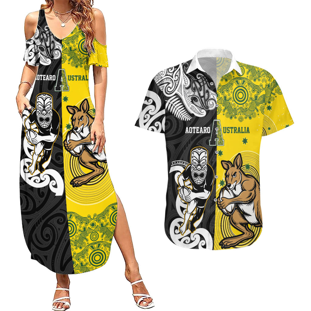 Aotearoa New Zealand and Australia Rugby Personalized Couples Matching Summer Maxi Dress and Hawaiian Shirt Maori Koru and Aboriginal Dot Art Cultural Heritage