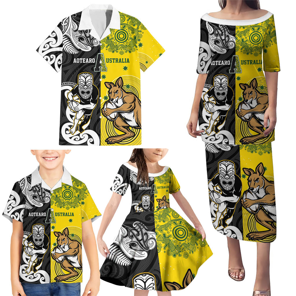 Aotearoa New Zealand and Australia Rugby Personalized Family Matching Puletasi and Hawaiian Shirt Maori Koru and Aboriginal Dot Art Cultural Heritage
