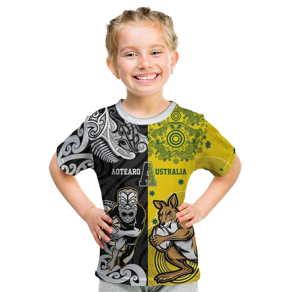 Aotearoa New Zealand and Australia Rugby Personalized Kid T Shirt Maori Koru and Aboriginal Dot Art Cultural Heritage