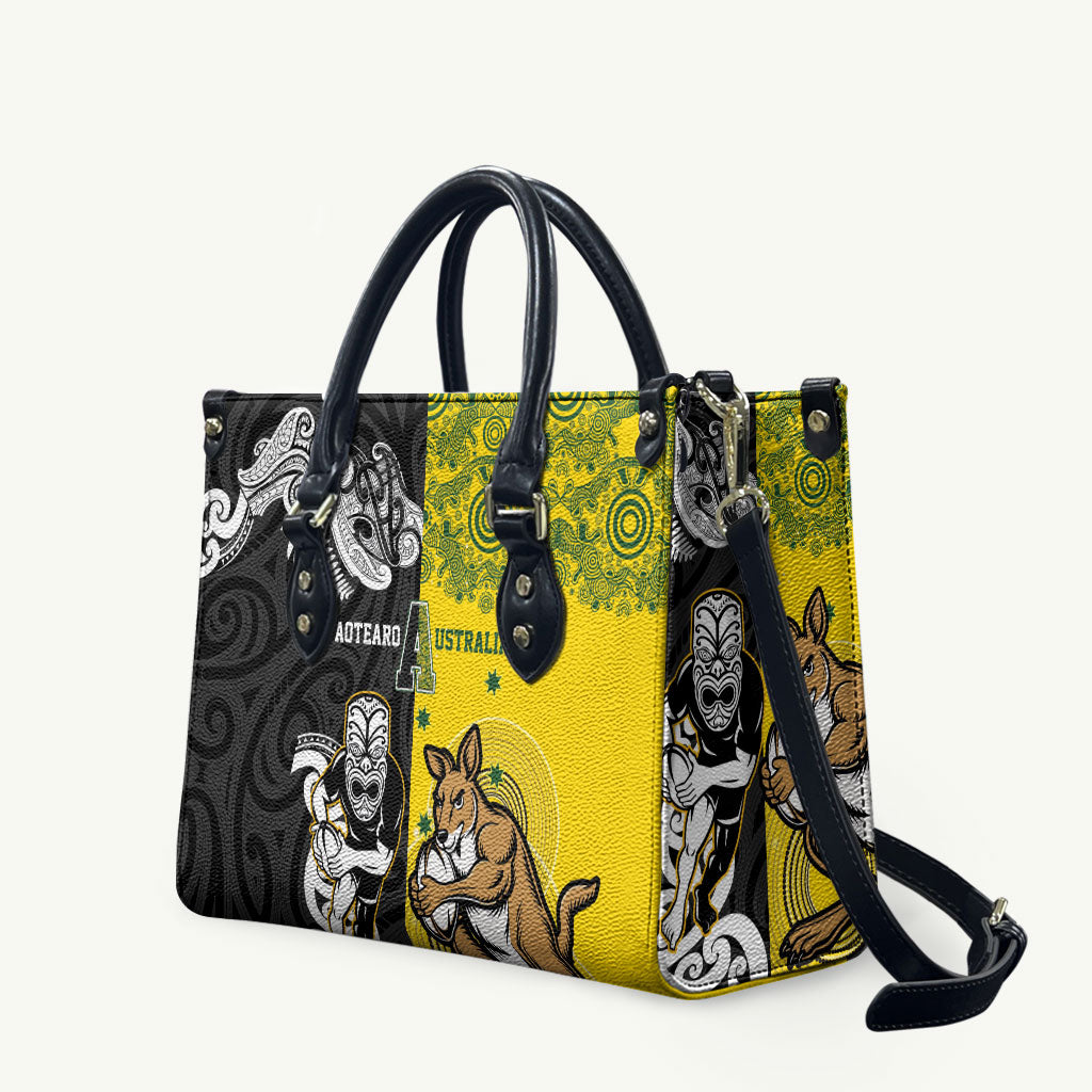 Aotearoa New Zealand and Australia Rugby Leather Bag Maori Koru and Aboriginal Dot Art Cultural Heritage