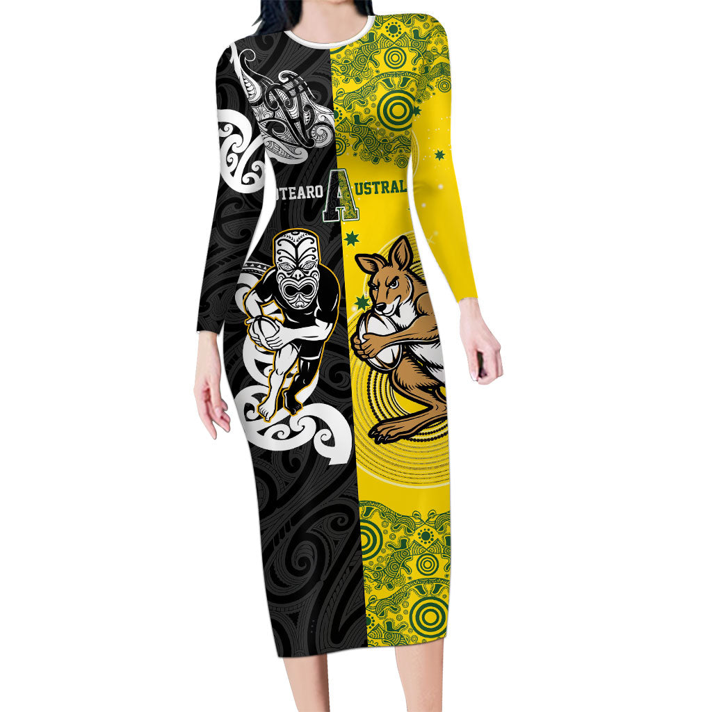 Aotearoa New Zealand and Australia Rugby Personalized Long Sleeve Bodycon Dress Maori Koru and Aboriginal Dot Art Cultural Heritage