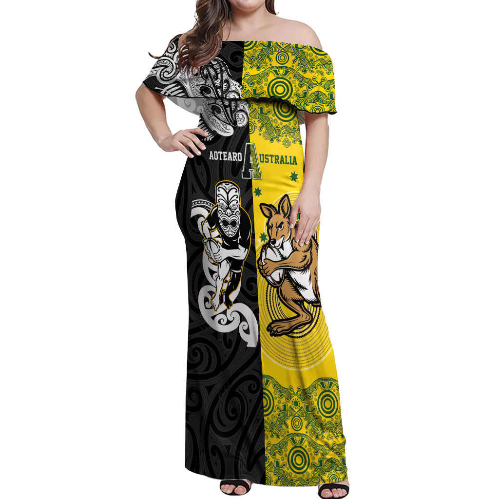 Aotearoa New Zealand and Australia Rugby Personalized Off Shoulder Maxi Dress Maori Koru and Aboriginal Dot Art Cultural Heritage