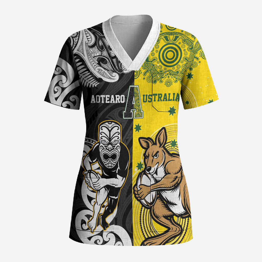 Aotearoa New Zealand and Australia Rugby Personalized Scrub Top Maori Koru and Aboriginal Dot Art Cultural Heritage