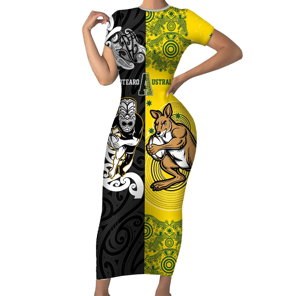 Aotearoa New Zealand and Australia Rugby Personalized Short Sleeve Bodycon Dress Maori Koru and Aboriginal Dot Art Cultural Heritage
