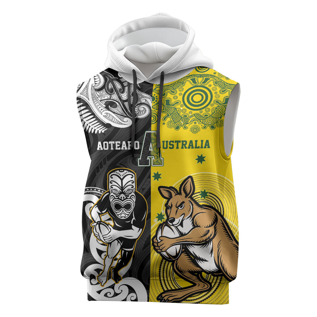 Aotearoa New Zealand and Australia Rugby Personalized Sleeveless Hoodie Maori Koru and Aboriginal Dot Art Cultural Heritage
