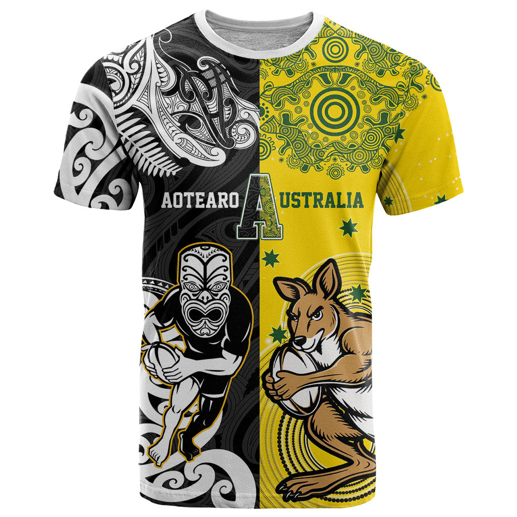 Aotearoa New Zealand and Australia Rugby Personalized T Shirt Maori Koru and Aboriginal Dot Art Cultural Heritage