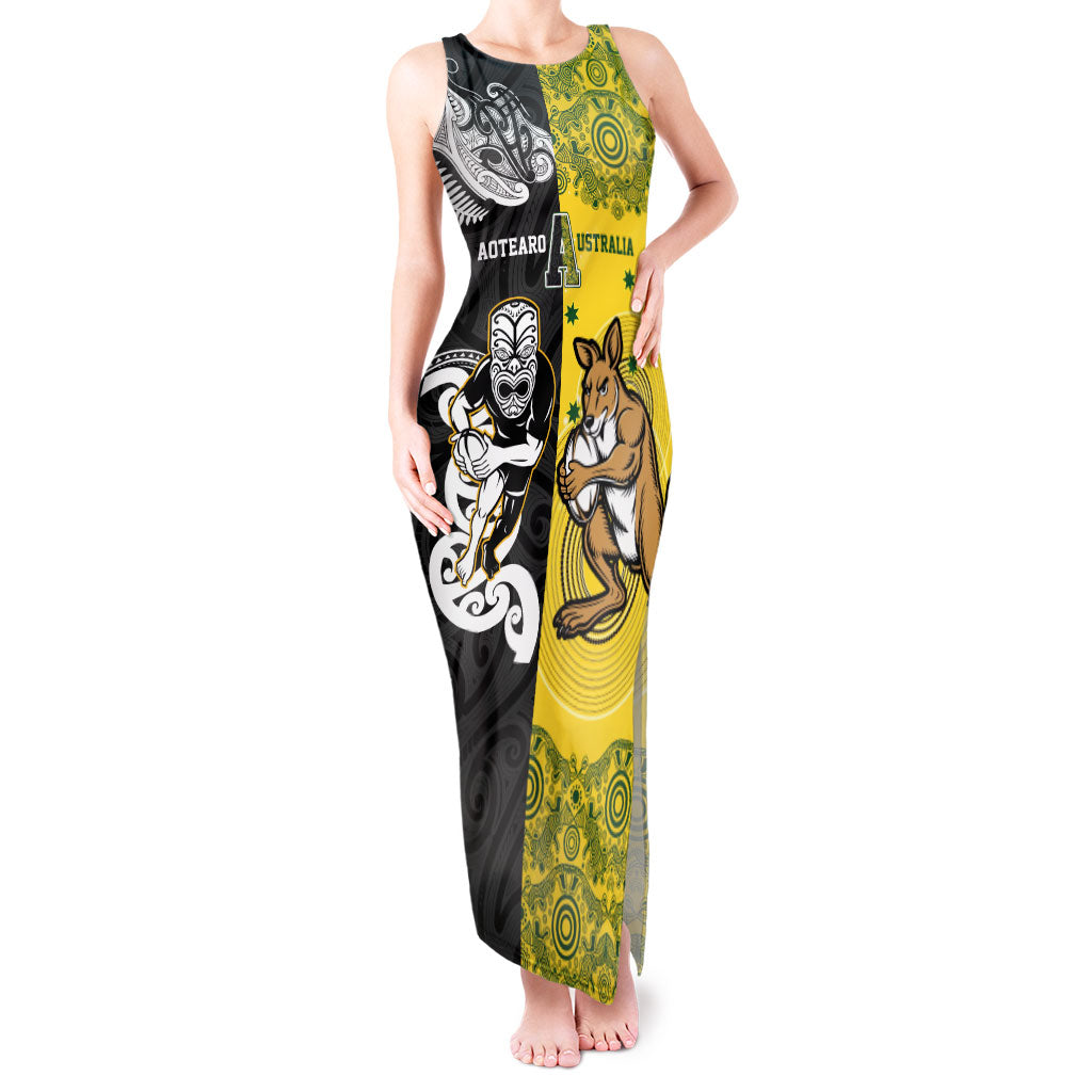 Aotearoa New Zealand and Australia Rugby Personalized Tank Maxi Dress Maori Koru and Aboriginal Dot Art Cultural Heritage