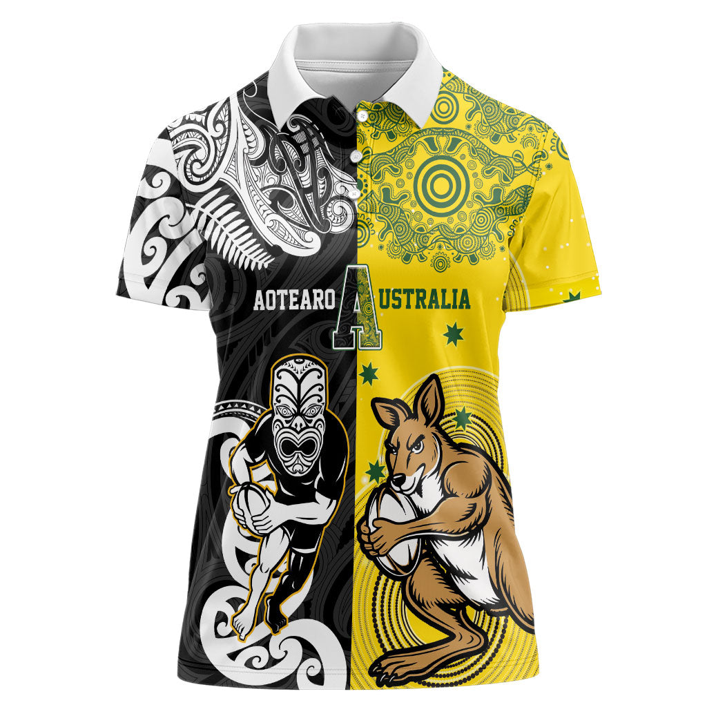 Aotearoa New Zealand and Australia Rugby Personalized Women Polo Shirt Maori Koru and Aboriginal Dot Art Cultural Heritage