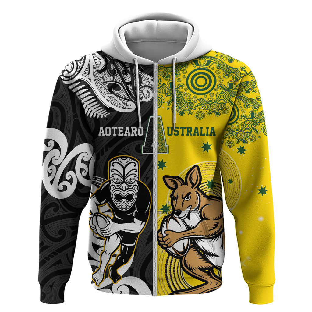Aotearoa New Zealand and Australia Rugby Personalized Zip Hoodie Maori Koru and Aboriginal Dot Art Cultural Heritage