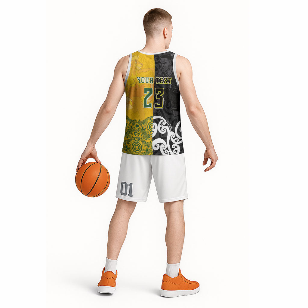 Aotearoa New Zealand And Australia Basketball Custom Basketball Jersey Maori Tribal Tattoo And Aboriginal Dot Art Heritage LT03 - Polynesian Pride