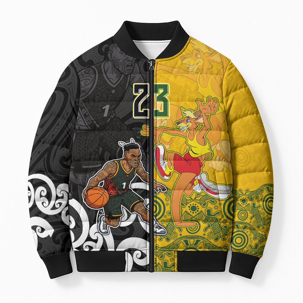 Aotearoa New Zealand And Australia Basketball Custom Bomber Puffer Jacket Maori Tribal Tattoo And Aboriginal Dot Art Heritage LT03 Unisex Multicolor - Polynesian Pride