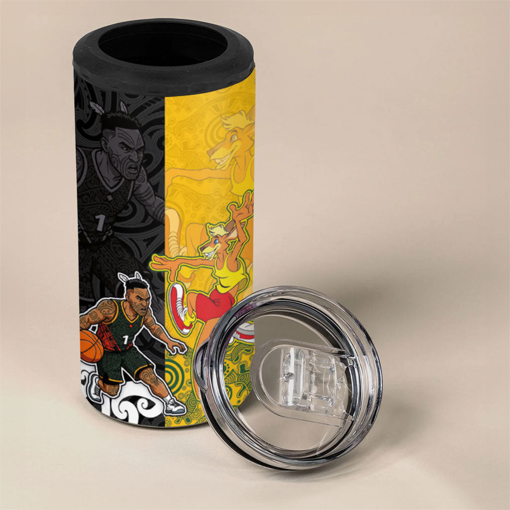 Aotearoa New Zealand And Australia Basketball Custom 4 in 1 Can Cooler Tumbler Maori Tribal Tattoo And Aboriginal Dot Art Heritage