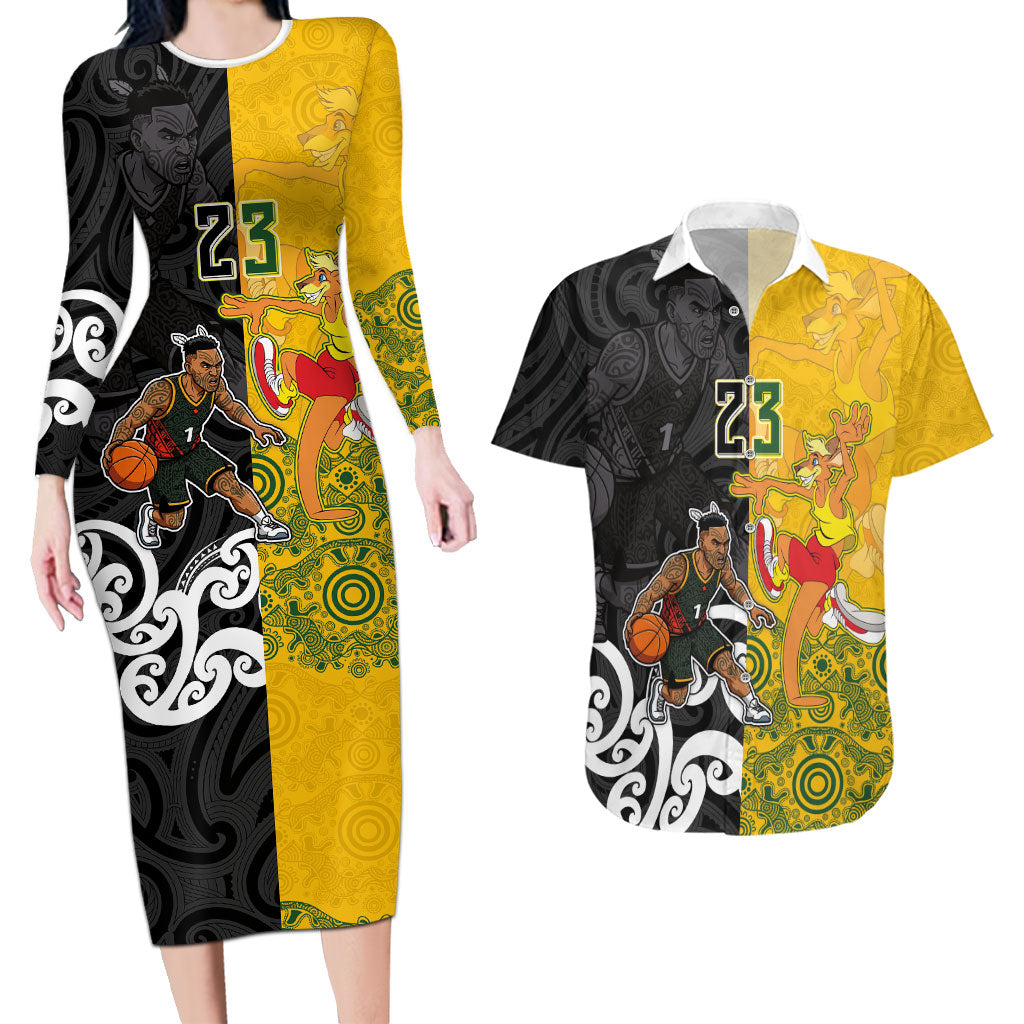 Aotearoa New Zealand And Australia Basketball Custom Couples Matching Long Sleeve Bodycon Dress and Hawaiian Shirt Maori Tribal Tattoo And Aboriginal Dot Art Heritage LT03 Multicolor - Polynesian Pride