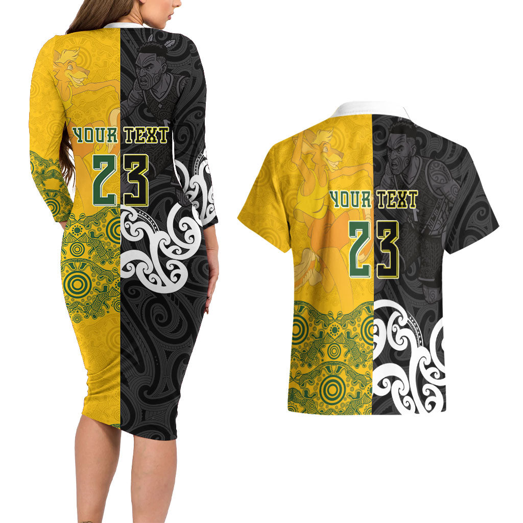 Aotearoa New Zealand And Australia Basketball Custom Couples Matching Long Sleeve Bodycon Dress and Hawaiian Shirt Maori Tribal Tattoo And Aboriginal Dot Art Heritage LT03 - Polynesian Pride