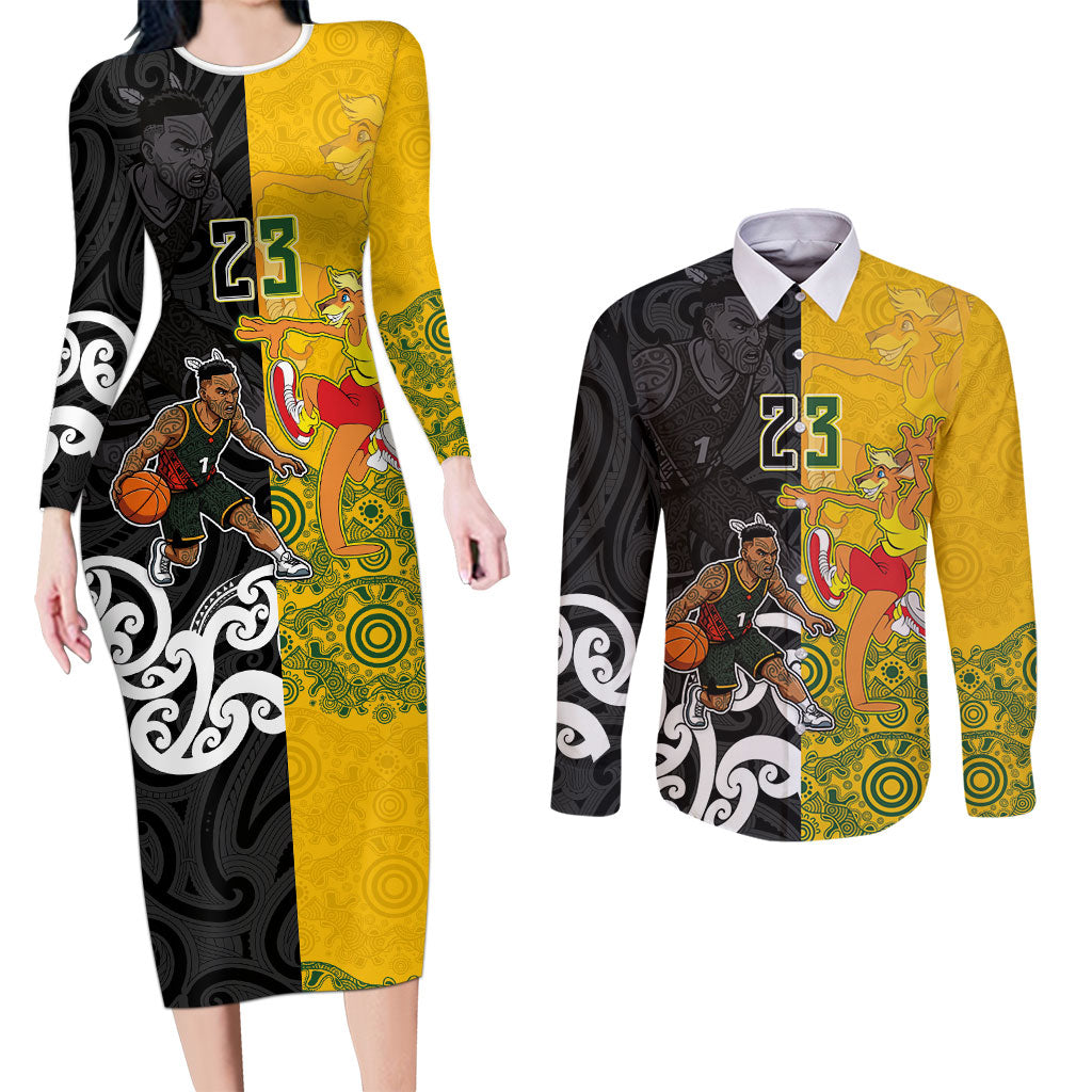 Aotearoa New Zealand And Australia Basketball Custom Couples Matching Long Sleeve Bodycon Dress and Long Sleeve Button Shirt Maori Tribal Tattoo And Aboriginal Dot Art Heritage
