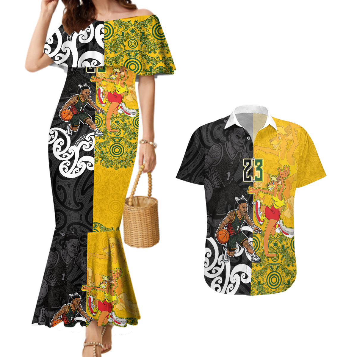 Aotearoa New Zealand And Australia Basketball Custom Couples Matching Mermaid Dress and Hawaiian Shirt Maori Tribal Tattoo And Aboriginal Dot Art Heritage LT03 Multicolor - Polynesian Pride