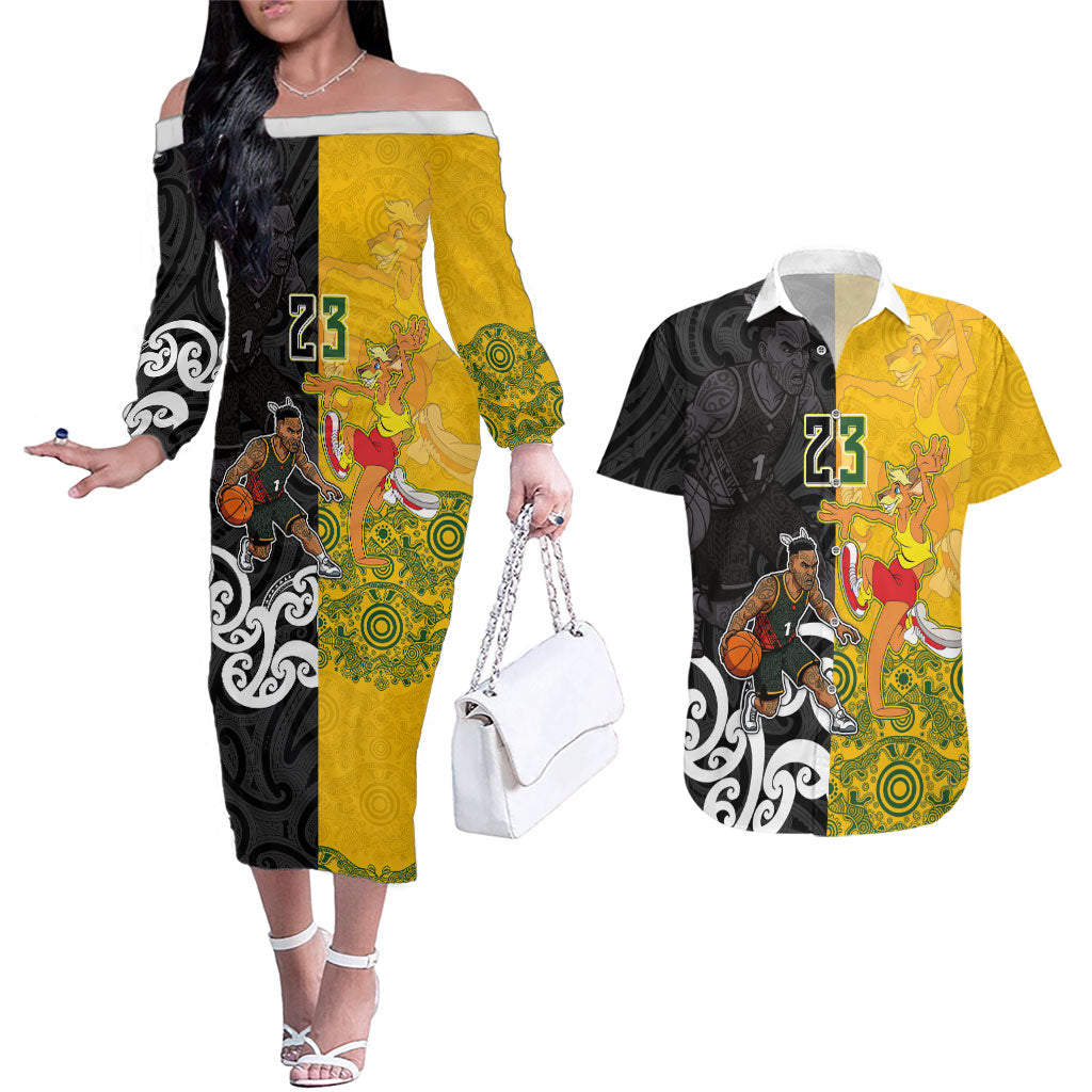 Aotearoa New Zealand And Australia Basketball Custom Couples Matching Off The Shoulder Long Sleeve Dress and Hawaiian Shirt Maori Tribal Tattoo And Aboriginal Dot Art Heritage LT03 Multicolor - Polynesian Pride