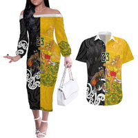 Aotearoa New Zealand And Australia Basketball Custom Couples Matching Off The Shoulder Long Sleeve Dress and Hawaiian Shirt Maori Tribal Tattoo And Aboriginal Dot Art Heritage LT03 Multicolor - Polynesian Pride