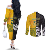 Aotearoa New Zealand And Australia Basketball Custom Couples Matching Off The Shoulder Long Sleeve Dress and Long Sleeve Button Shirt Maori Tribal Tattoo And Aboriginal Dot Art Heritage