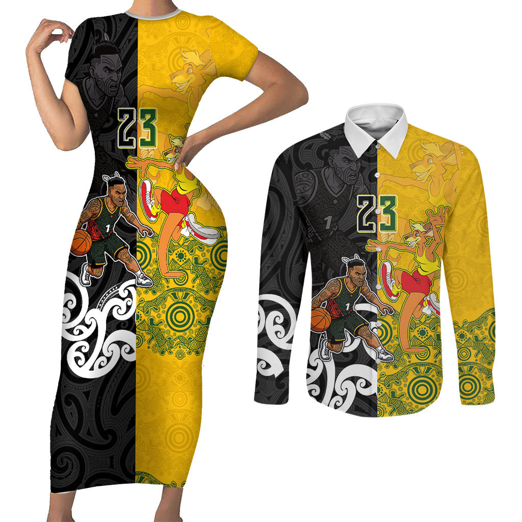 Aotearoa New Zealand And Australia Basketball Custom Couples Matching Short Sleeve Bodycon Dress and Long Sleeve Button Shirt Maori Tribal Tattoo And Aboriginal Dot Art Heritage
