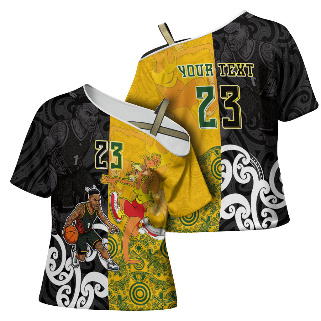 Aotearoa New Zealand And Australia Basketball Custom Cross Shoulder Shirt Maori Tribal Tattoo And Aboriginal Dot Art Heritage LT03 - Polynesian Pride