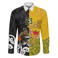 Aotearoa New Zealand And Australia Basketball Custom Family Matching Mermaid Dress and Hawaiian Shirt Maori Tribal Tattoo And Aboriginal Dot Art Heritage LT03 Dad's Shirt - Long Sleeve Multicolor - Polynesian Pride