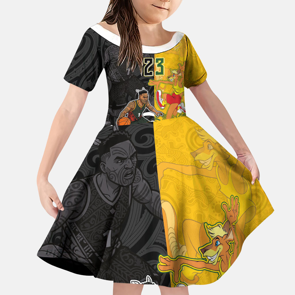 Aotearoa New Zealand And Australia Basketball Custom Family Matching Off The Shoulder Long Sleeve Dress and Hawaiian Shirt Maori Tribal Tattoo And Aboriginal Dot Art Heritage LT03 Daughter's Dress Multicolor - Polynesian Pride